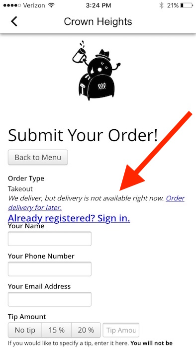 Confirmed: At 3:24 pm, it was too late to order for delivery